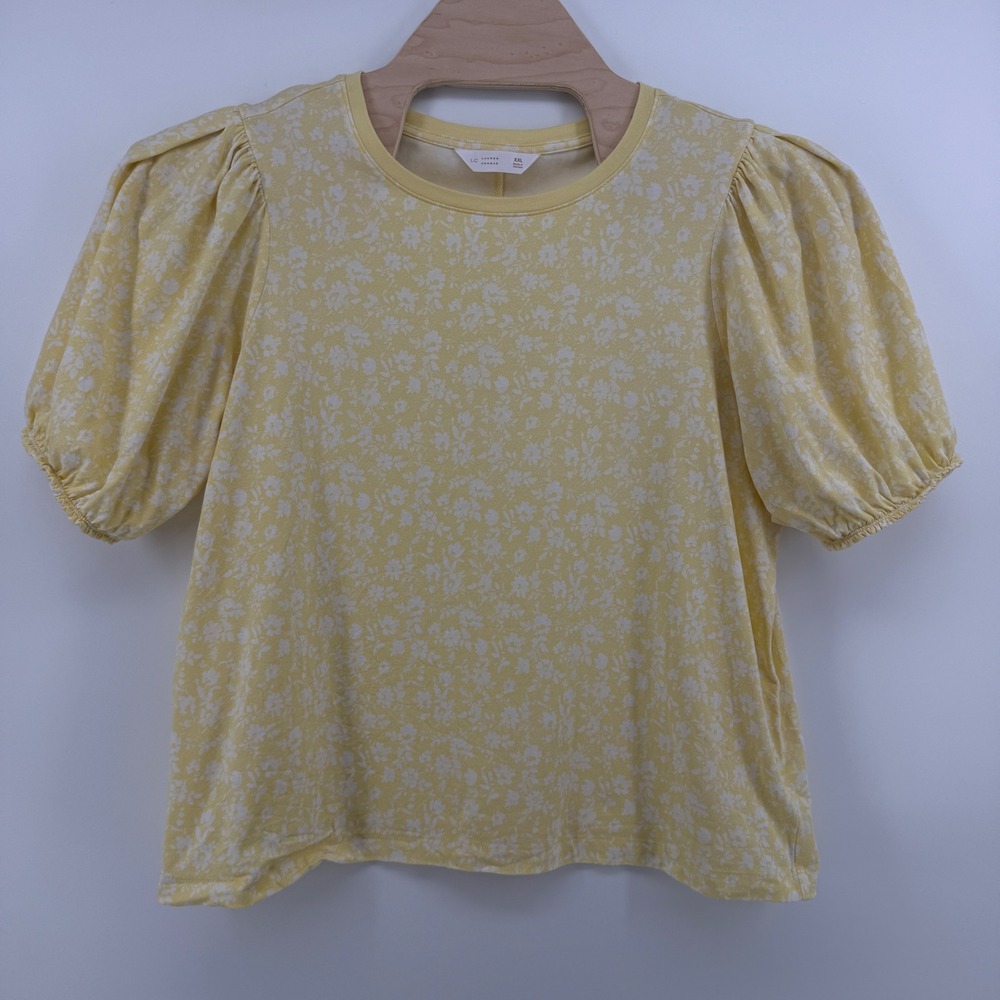 LC Lauren Conrad Yellow Floral Puff Sleeve Knit Top XXL Cotton Modal Blend